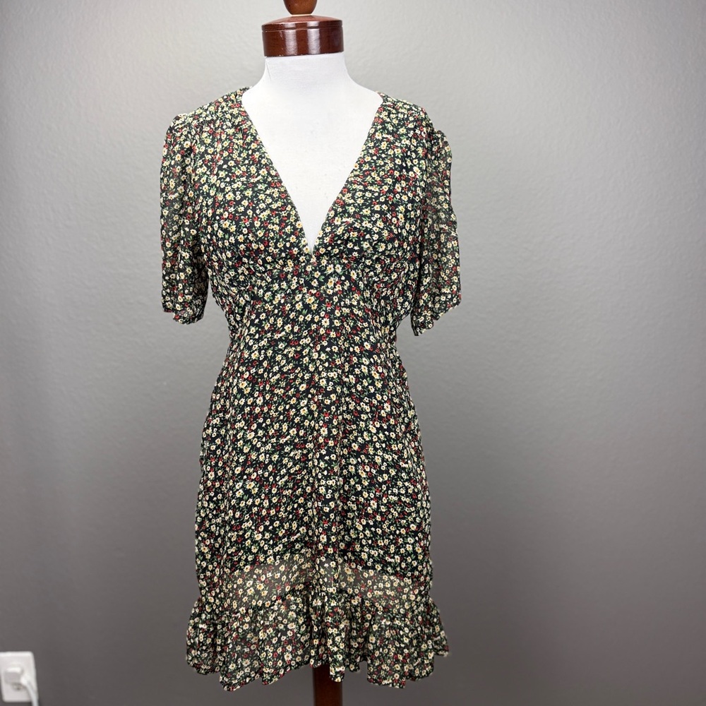 Jane Wood Floral Black Multi-color V-neck dress Sz 3 Cottagecore Boho
